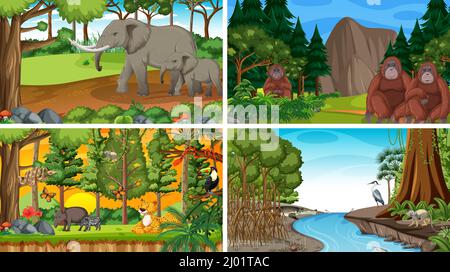 Different forest scenes with wild animals illustration Stock Vector ...