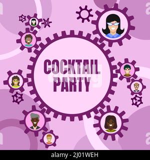 Writing displaying text Cocktail Party. Word for formal party with alcoholic drinks usually in early evening Colleagues Presented Inside Cogwheels Stock Photo