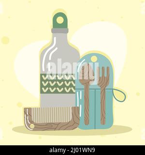 reusable utensils and bottle icons Stock Vector