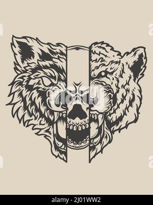 illustration wolf skull head with monochrome style Stock Vector