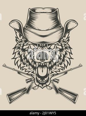 illustration wolf head with hat and two guns Stock Vector