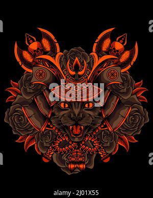 illustration cat samurai head with rose flower Stock Vector