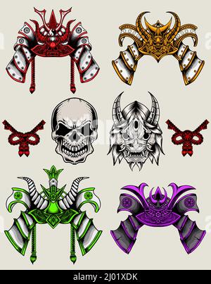 set illustration samurai helmet and skull head Stock Vector
