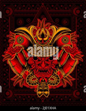 illustration vintage samurai head with rose flower Stock Vector