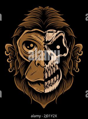illustration monkey skull head on black background Stock Vector