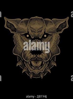 illustration dog head with engraving style Stock Vector