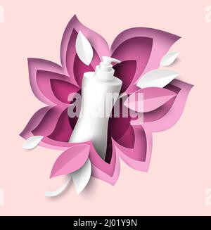 Paper cut flower with cosmetic pump bottle, vector illustration. Body lotion, soap. Beauty and skin care product ads. Stock Vector