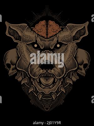 illustration dog head with skull Stock Vector