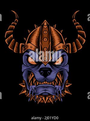 illustration dog viking head on black background Stock Vector