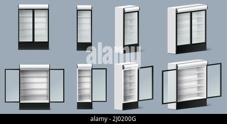 Supermarket or grocery store refrigerator mockup set, vector illustration. Realistic empty glass door commercial fridges Stock Vector