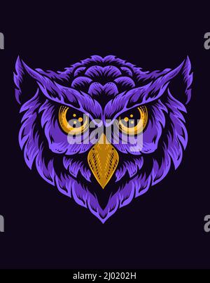 illustration owl bird head on black background Stock Vector