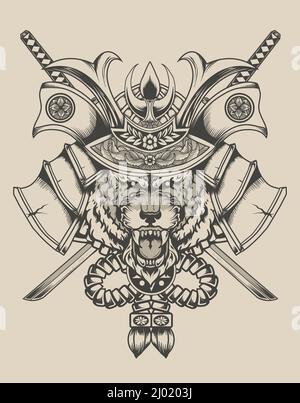 illustration samurai tiger head monochrome style Stock Vector