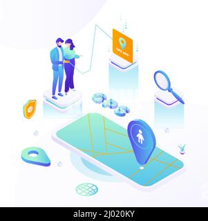 Parents tracking kids location with gps mobile app, vector isometric illustration. Parental control. Stock Vector