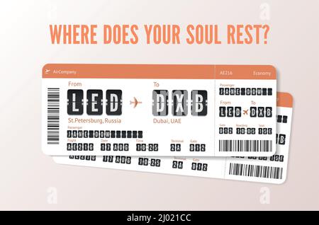 Two boarding pass vector template with shadows. Couple of Flight cards for ads or graphic design Stock Vector