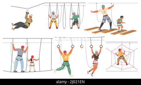 Adults and kids in rope adventure park, vector illustration. Sport, entertainment and fun. Summer outdoor activities. Stock Vector