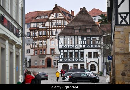 Eisenach, Germany. 15th Mar, 2022. The Luther House Eisenach (M) is one of the oldest half-timbered houses in Thuringia; Martin Luther lived here during his school years. This year, the city of Eisenach, the Wartburg district and the Evangelical Lutheran Church District of Eisenach-Gerstungen have planned an extensive program around Luther's translation work. During the annual press conference of the city of Eisenach on March 16, the program for the anniversary '500 Years of Bible Translation' will be presented. Credit: Martin Schutt/dpa-Zentralbild/dpa/Alamy Live News Stock Photo