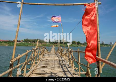 The Kampong Cham bamboo bridge in Cambodia is the longest in the world in Kampong Cham, Cambodia. Stock Photo