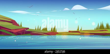 Summer nature landscape with lake, green grass on rocks and conifers trees. Scenery pond with blue clear water and spruces under blue sky with clouds and flying birds, Cartoon vector background Stock Vector