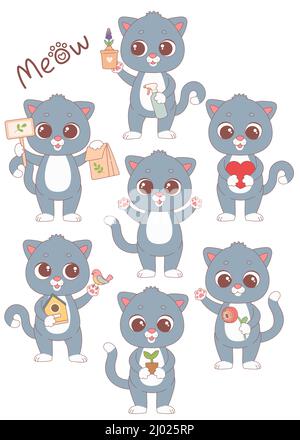 Cute cat set with spring flower and heart, vector Stock Vector