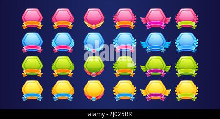 Set of glossy award badges, ranking game level ui icons. Empty hexagon ...