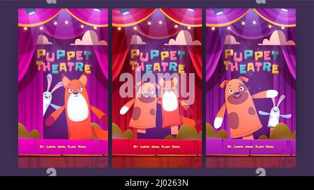 Puppet theatre, marionette show for kids posters with dog, rabbit and fox dolls on stage with red curtains. Vector invitation flyers with cartoon illustration of children theater with animal toys Stock Vector