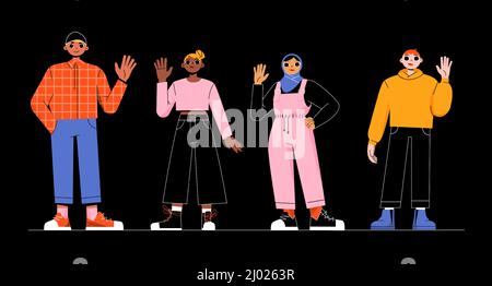 Group of multiracial people, muslim and african american women, arab and caucasian men. Concept of diverse nation, multiracial team. Vector flat illustration of international students Stock Vector