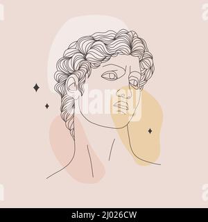 Ancient greek sculpture. Linear head of David. God antique statue. Trendy vector illustration in one line drawing style. Minimalist male bust with Stock Vector