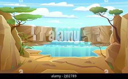 African lake landscape with waterfall among rocks. Cascade shimmers downward. Water flowing. Acacia branches. Cool cartoon style. Vector. Stock Vector