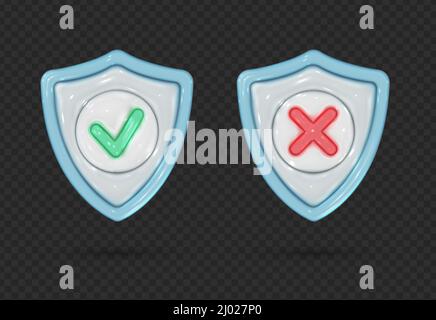 3d glossy shield in realistic style. Glass screen with right and wrong symbol. Security, guaranteed, medical protection icon. Vector render design elements. Stock Vector