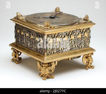 Table Clock. Johann Sayller (Germany, Ulm, active 17th century). Germany, circa 1650. Furnishings; Accessories. Gilt-brass, silver, leather Stock Photo