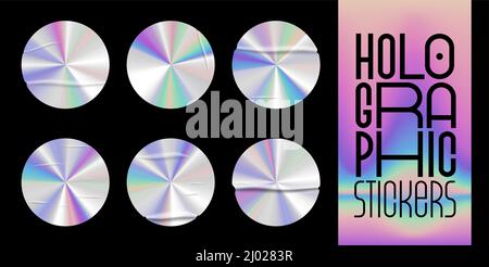 Holographic stickers with wrinkles set. Geometric shapes label with rainbow hologram. Vector elements for modern trend design. Stock Vector
