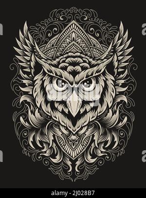 illustration owl head with engraving ornament Stock Vector
