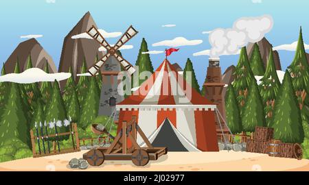 Medieval town scene camp with tents illustration Stock Vector Image ...