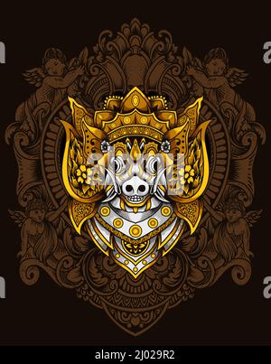 Illustration barong bangkung head with vintage engraving ornament Stock Vector