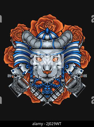 illustration cat head with samurai helmet Stock Vector