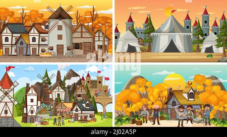 Set of different scene medieval illustration Stock Vector