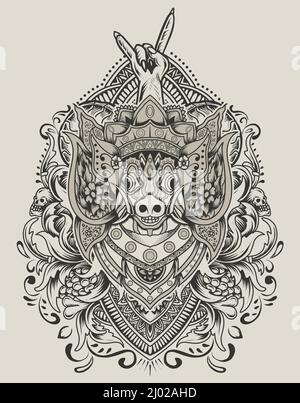 Illustration barong bangkung head with vintage engraving ornament Stock Vector