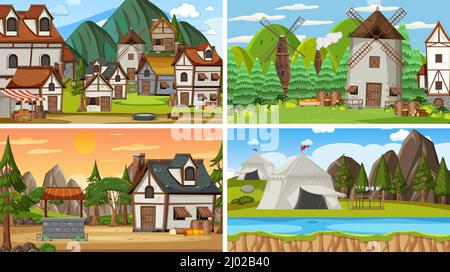 Set of different scene medieval illustration Stock Vector