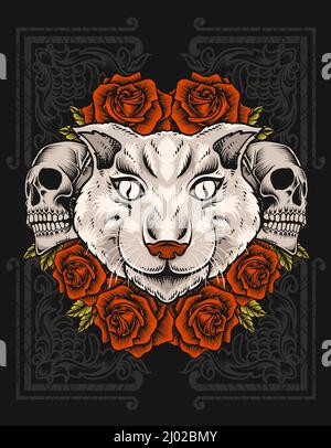 illustration cat head with rose flower and skull head Stock Vector