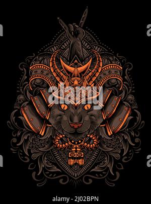 illustration cat head with samurai helmet Stock Vector