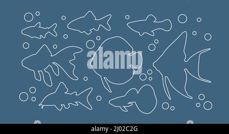 Freshwater aquarium fishes in line art on blue background.vector illustration Stock Vector