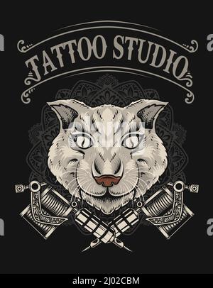illustration cat tattoo studio logo Stock Vector