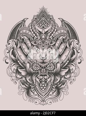 illustration cat head with samurai helmet Stock Vector