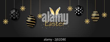 Happy Easter Spring theme poster banner with hanging Easter eggs and flowers leaves Stock Vector