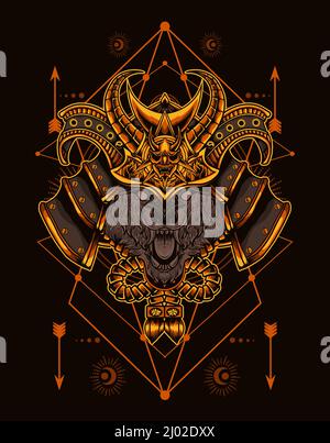 illustration wolf head with samurai helmet Stock Vector