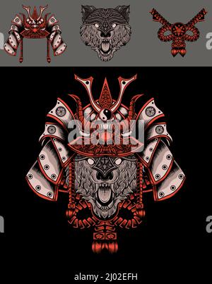 Set illustration wolf head with samurai helmet Stock Vector