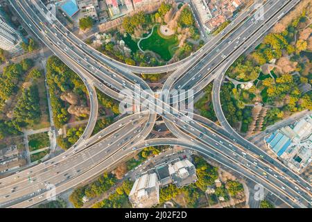 Aerial view of the overpass bridge in Shanghai, China. Stock Photo