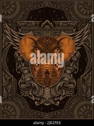 illustration elephant head engraving ornament style with mask Stock ...
