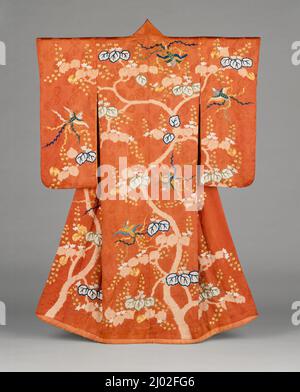 Woman's Furisode (Kimono) with Paulownia Tree and Phoenixes. Japan, Edo period (1615-1868), late 18th-early 19th century. Costumes; principal attire (entire body). Silk figured satin (rinzu) tie-dyed (boshi and kanoko shibori) with silk and gilt wrapped-paper silk embroidery Stock Photo