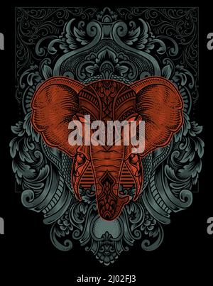 illustration elephant head engraving ornament style with mask Stock ...